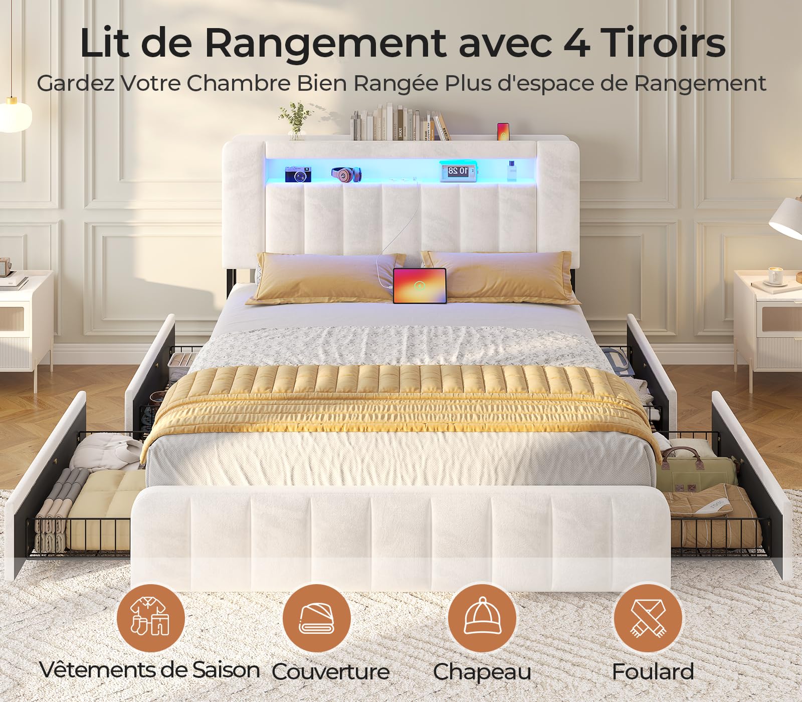 AOGLLATI Lit 140x190 à LED avec Multiprise et 4 Grands Tiroirs, Cadre de Lit avec Sommier à Latte et Tête de Lit Capitonnée Sommier avec Rangement, Moderne sans Matelas (Velours Beige, 140x190cm)