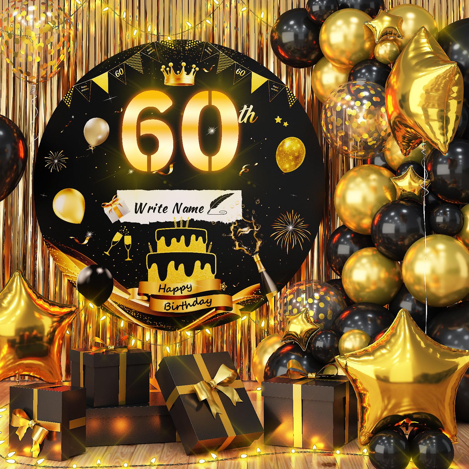 KAINSY 60th Birthday Party Decorations with Lights Marquee Sign Cardboard Backdrop with Lights Strips Black Gold 2.75ft Mosaic Background Cover Round 60 Happy Birthday DIY Frame Board for Wall Yard