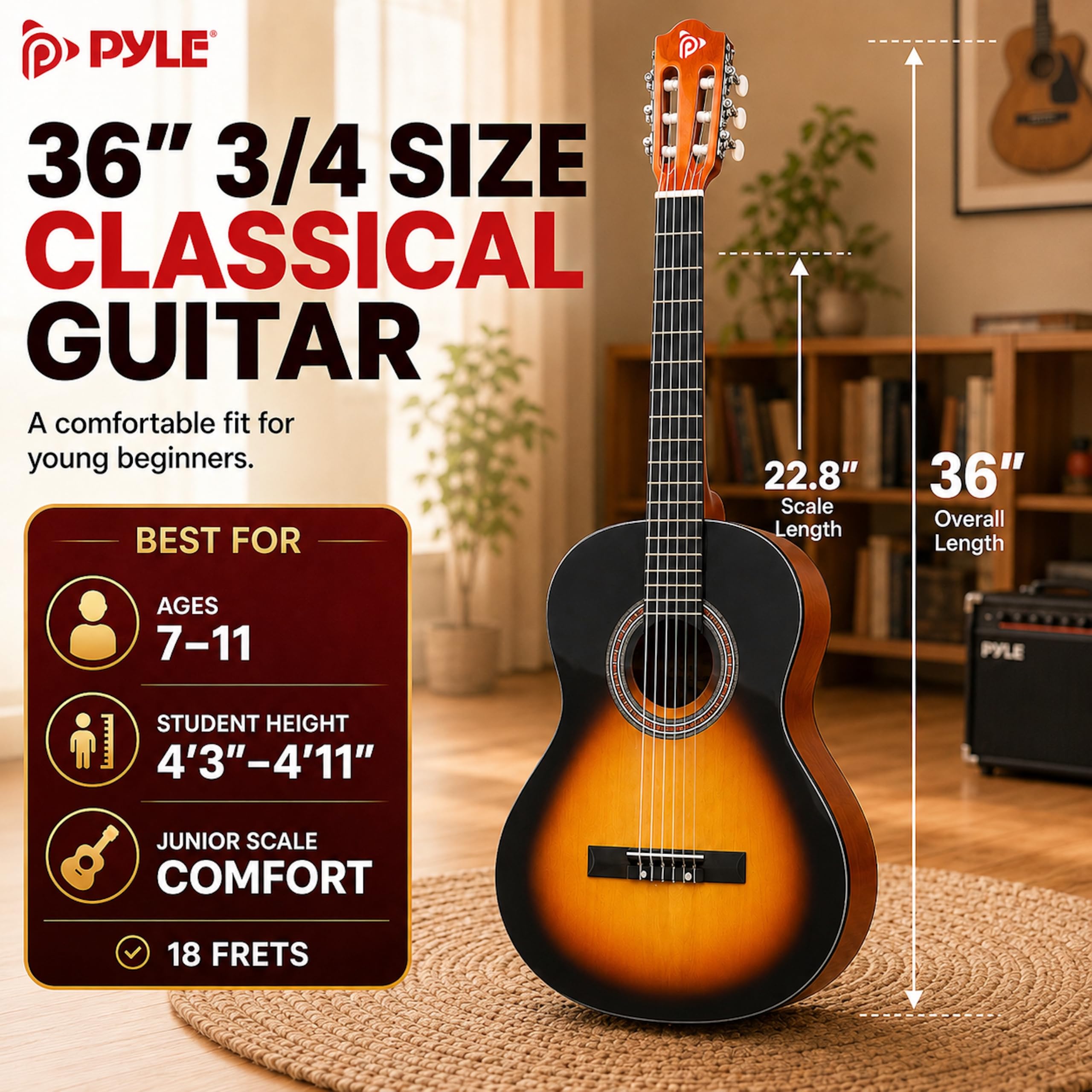 Pyle Zestaw Gitary Akustycznej Dla Początkujących, Instrument Drewniany Junior 3/4, 36" Sunburst Teardrop Matowy