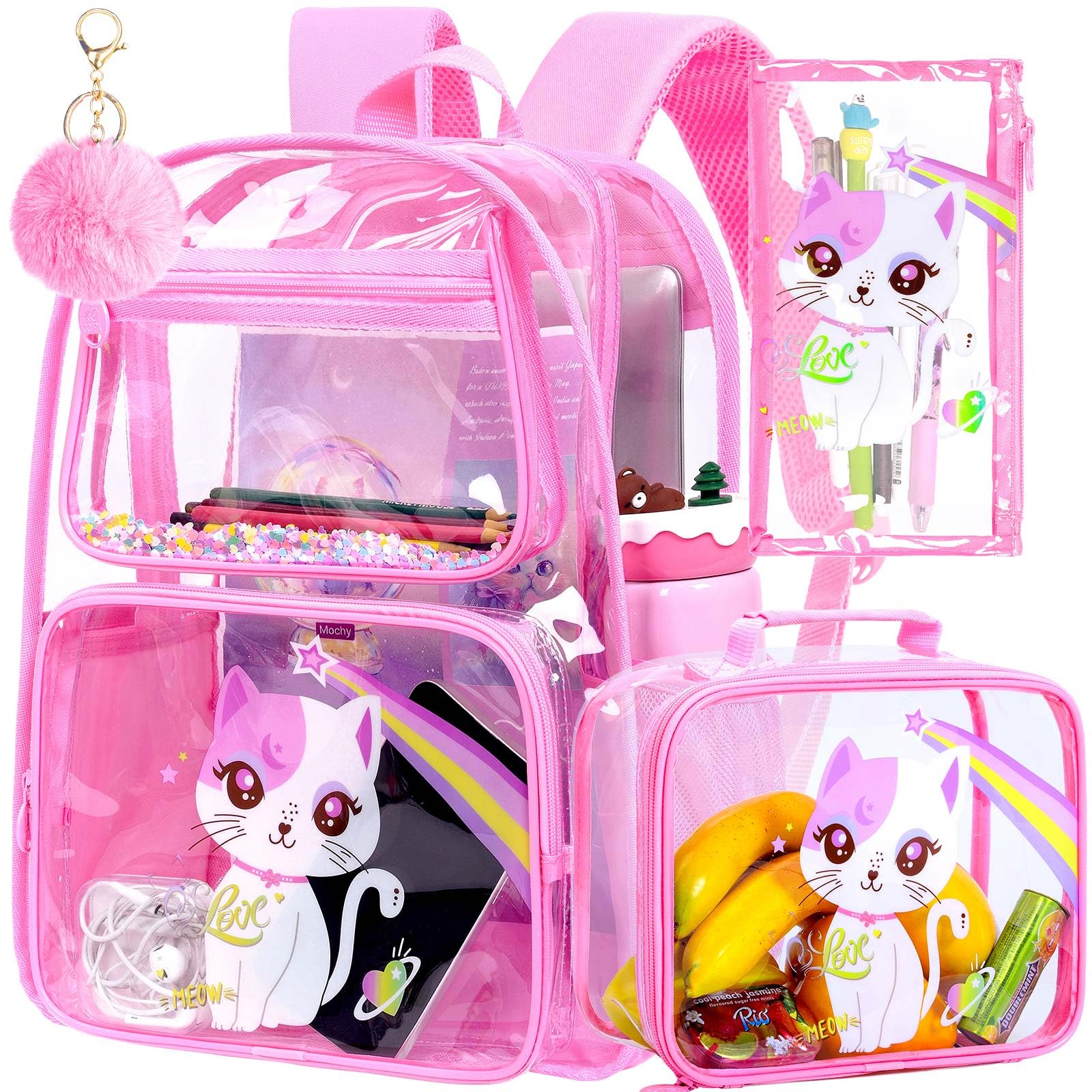 KLFVB 3PCS Clear Backpack for Girls and Boys, Kids See Through Backpacks Stadium Approved, Transparent Bookbag for Elementary