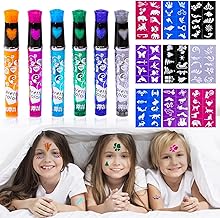 Glitter Tattoo Kit with 6 Children's Tattoo Pens + 10 Temporary Tattoo Stencils, Halloween Tattoo, Children's Carnival Makeup, for Faces, Perfect for Carnival, Cosplay