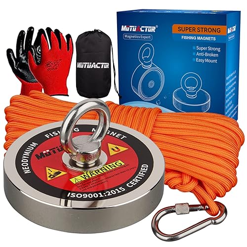 MUTUACTOR Kit de imanes de pesca fuertes, imanes grandes de neodimio de tierras raras de 1100 libras, resistente y potente imán de pesca con cuerda