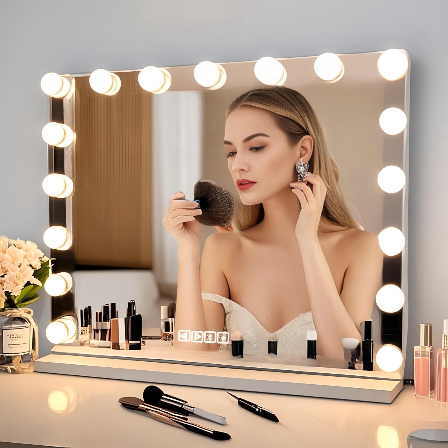 24.4"X20.5" Wall-Mounted Mirror Vanity Mirror with Lights & Bluetooth Play Music LED Vanity Mirror 17 Dimmable LED Bulbs 3 Colour Illuminated Vanity Mirrors with Detachable