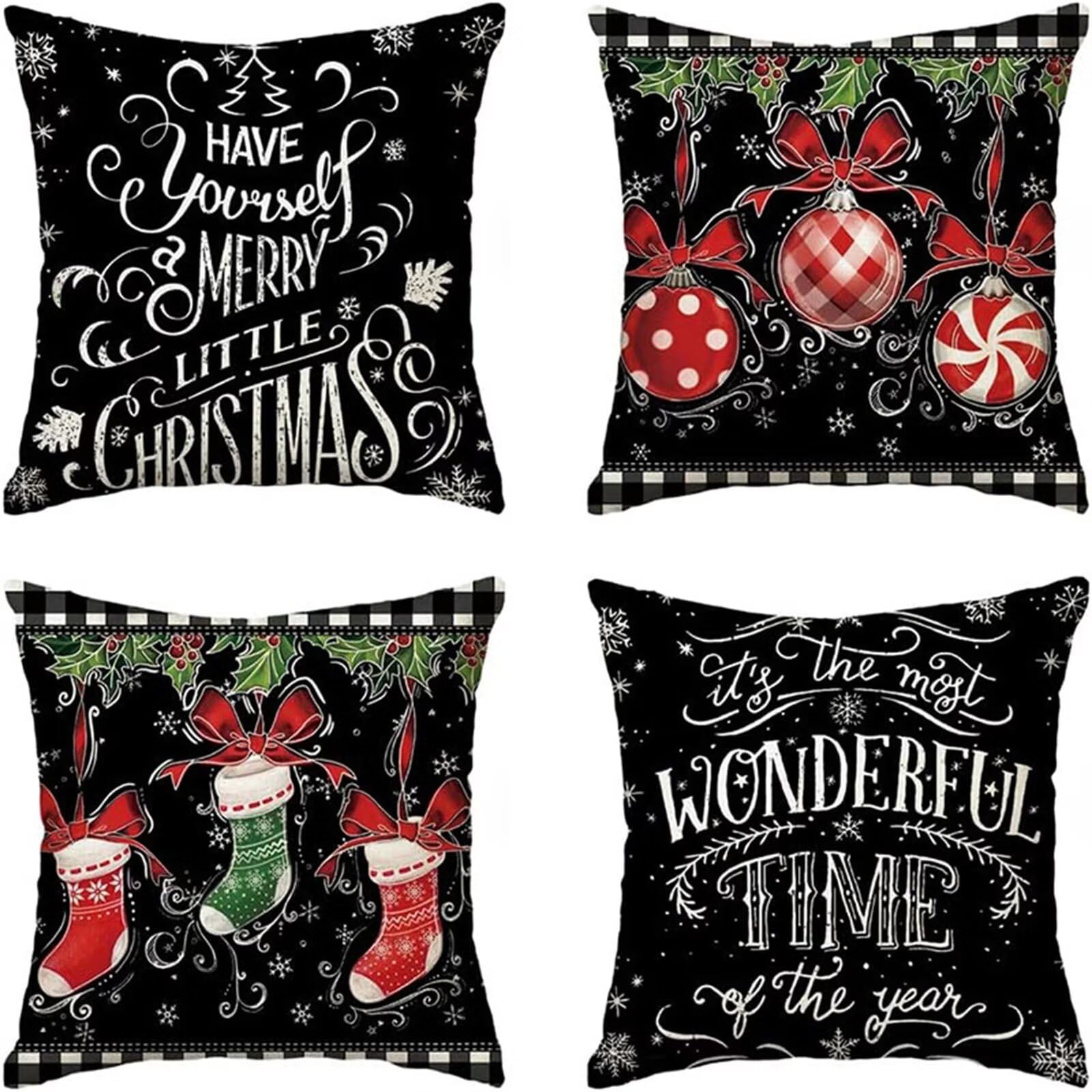 Coussin Noël déco canapé lot de 4 housses 50x50 en lin pour ornements de maison