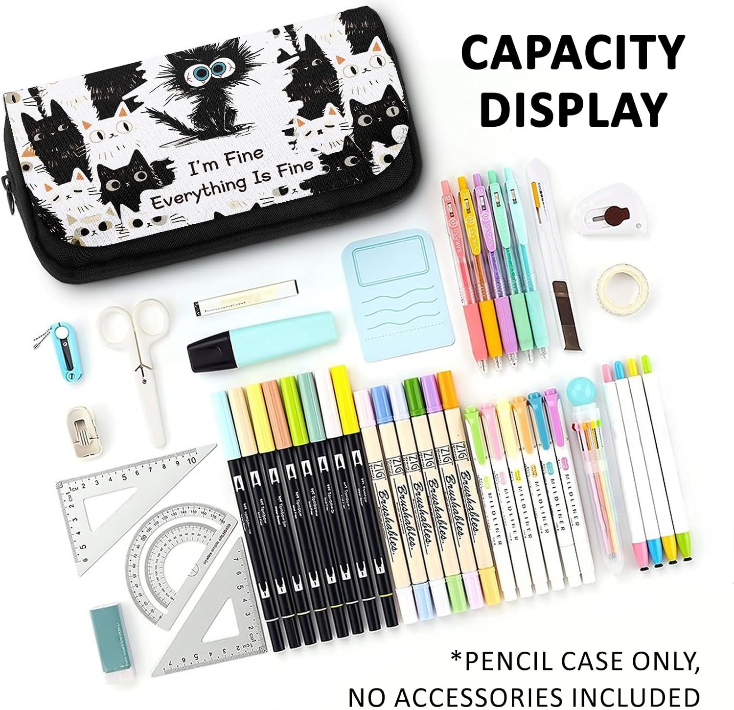 Cat Pencil Case for Boys Girls Cartoon Black Cat I'm Fine Pencil Pounch Large Capacity Flip Top Pen Bag with Zipper Back to School Supplies Cats Themed Pen Holder Office Student Stationery Box