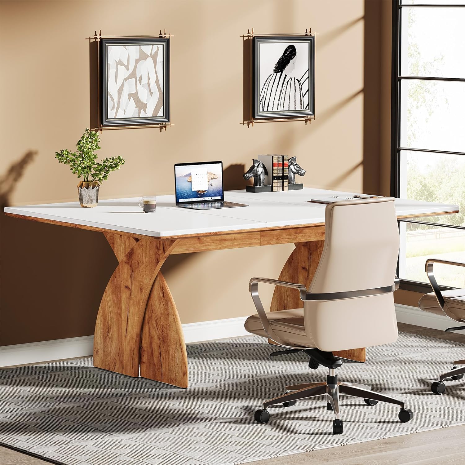 Tribesigns 70.8-Inch Executive Desk, Large Office Computer Desk with Heavy Duty Legs, Extra Long Desk, Modern Simple Laptop Desk Study Writing Table Business Furniture for Home Office (White/Brown)