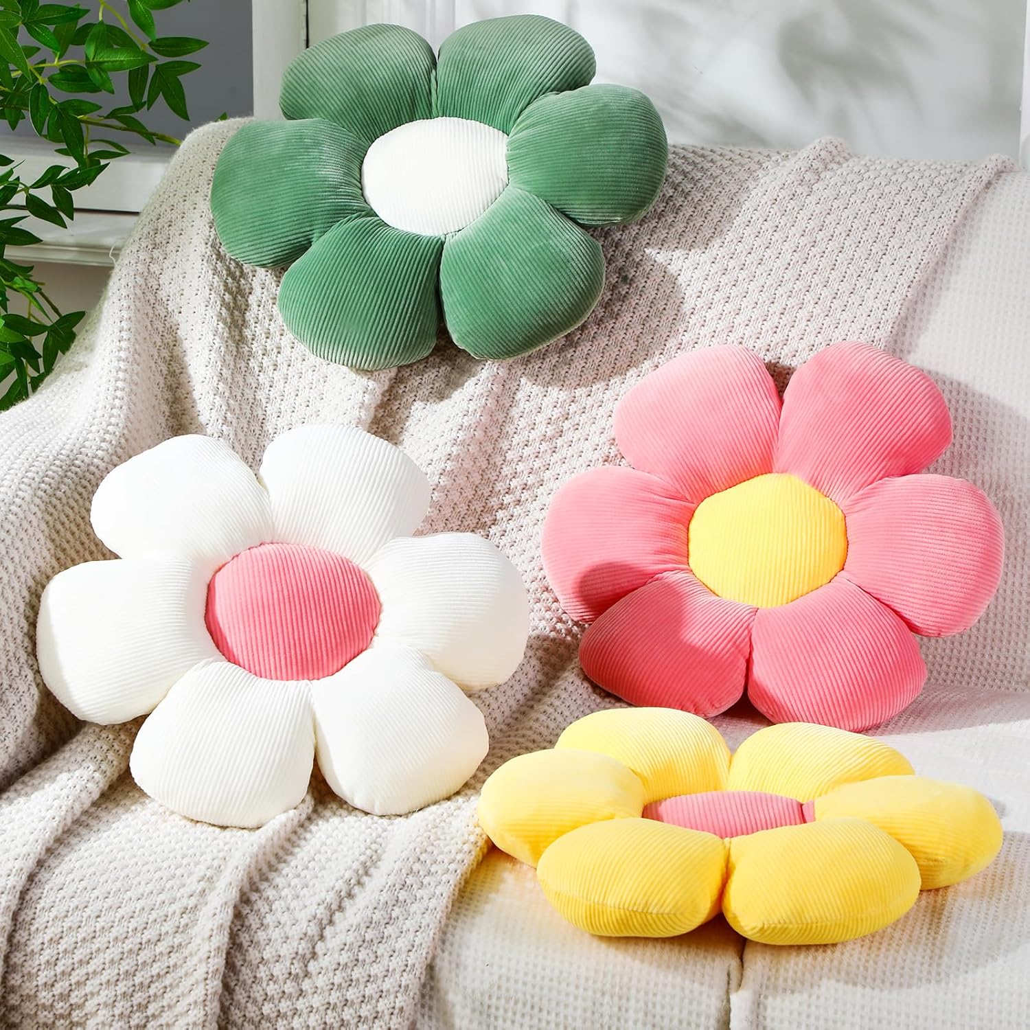 Coume 4 Pcs Flower Pillows 15" Plush Flower Shaped Pillows Daisy Floor Throw Cute Seat Cushion for First Day of School Bed Sofa Couch Chair Office Room Back to School Classroom Decor(Bright Colors)