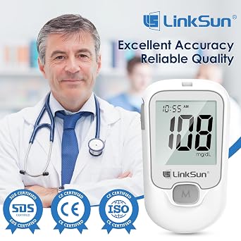LinkSun G-425-1 Glucose Monitor Kit, 100 Strips & Lancets for Diabetes | 1 Control Solution, 1 Lancing Device & Large Display Blood Sugar Testing Kit for Seniors, Easy-to-Use Glucometer for Home Use