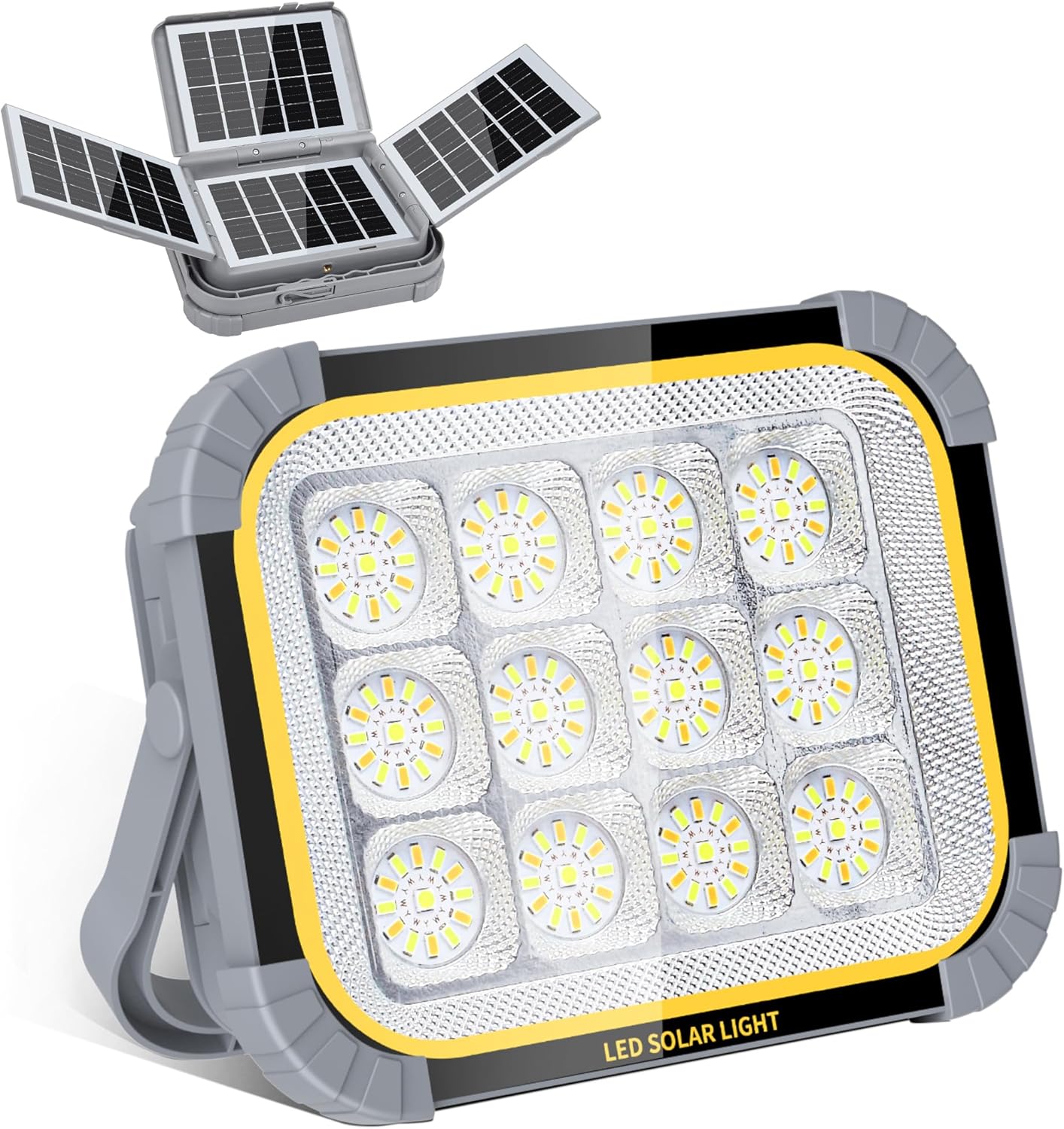 4 Solar Panels Work Light 120W,Portable Camping Lights 20000mAh Battery with USB C Charging Ports as Power Bank,Bright 12000LM 3Modes+Stepless Dimming Flood Light IP66 Waterproof