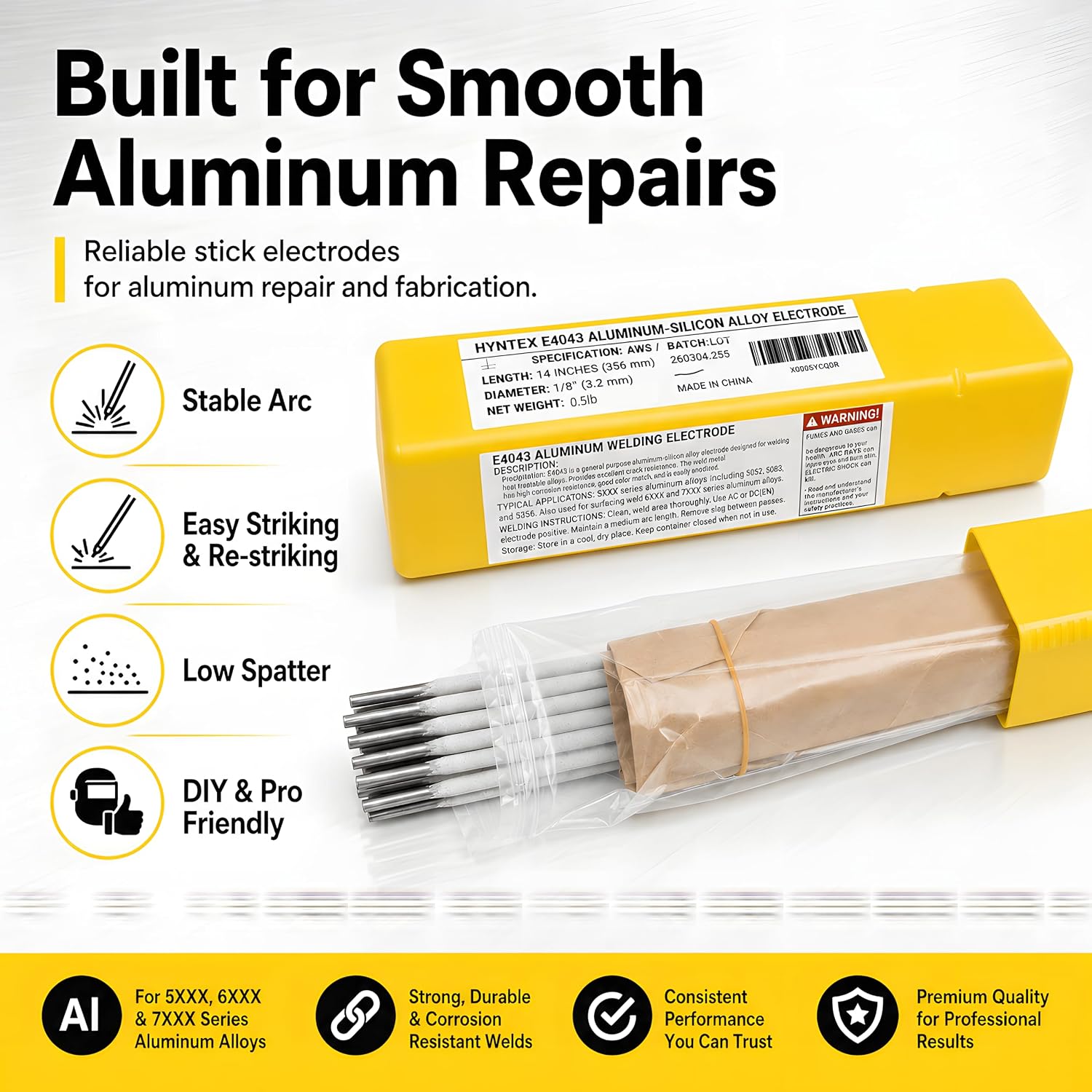 hyntex- Aluminum E4043 Stick Electrode Rod 1/8" x 14" - (0.5 Lb = 16 Rods)