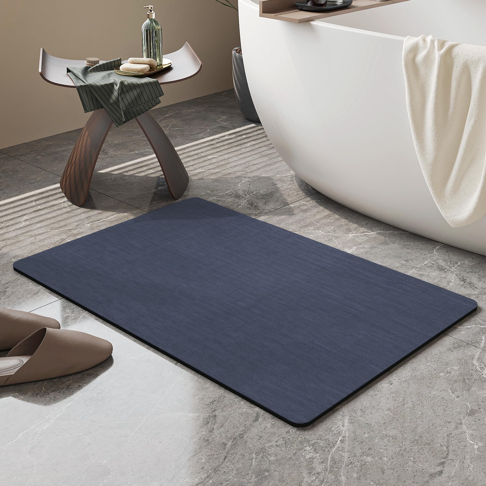 Mecko Bath Mat Rug, Rubber Non-Slip Quick Dry Absorbent Thin Bathroom Rugs Fit Under Door Bathroom Floor Mats-Shower Rug for in Front of Bathtub, Sink, Shower Room(Navy Blue,16"x24")