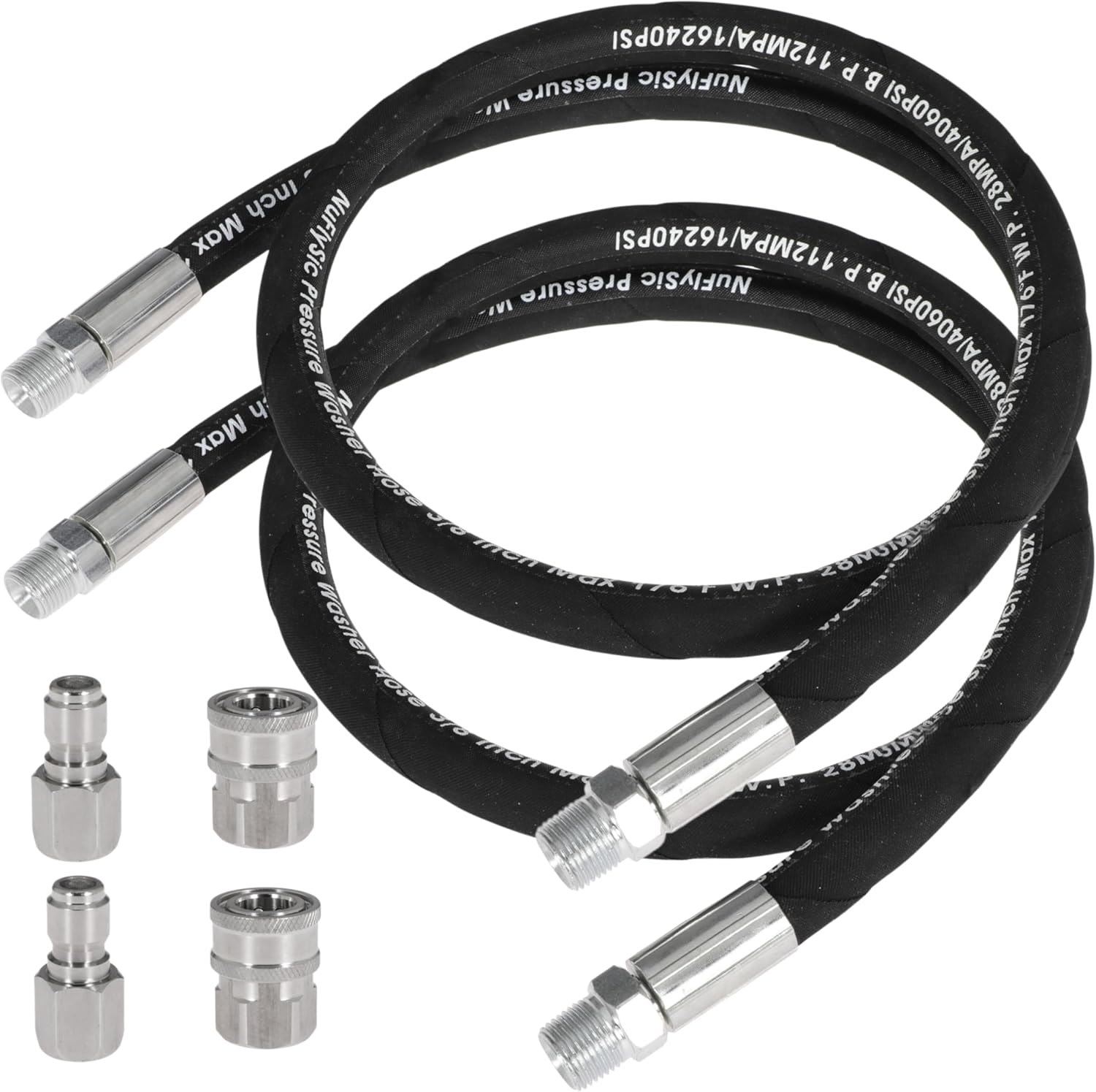 Pressure Washer Whip Hose Power Washer Jumper Hose for Pressure Washing with Steel Connector 3/8 Inch NPT Quick Connect Plug Hose Reel Connector Hose, 4000 PSI, 5FT, 2PCS