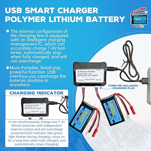 Miniatura 4 de 2 baterías Lipo de 7.4V 30C 2S 800mAh con enchufe JST y enchufe PH2.0 + carga 2 en 1 para batería de automóvil SCX24 RC, compatible con la mayoría