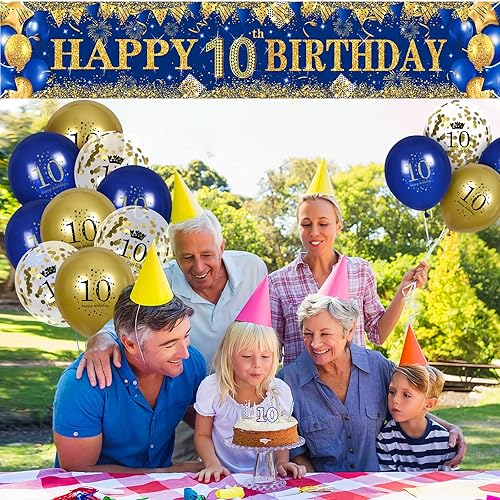 Miniatura 7 de Decoraciones de cumpleaños número 10 para niños pequeños, niños y niñas, azul marino y dorado, pancarta de fiesta de feliz cumpleaños de 18 piezas