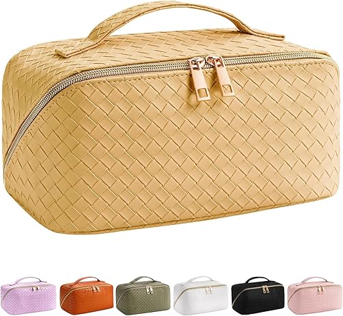 VVABELLI Bolsa de maquillaje  Bolsa de cosméticos de viaje de gran capacidad, portátil de cuero impermeable, bolsa de maquillaje de viaje para