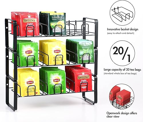 Miniatura 4 de Koluti Soporte organizador de bolsas de té de 3 niveles, soporte apilable de almacenamiento de té montado en la pared con bandeja extraíble, caja de