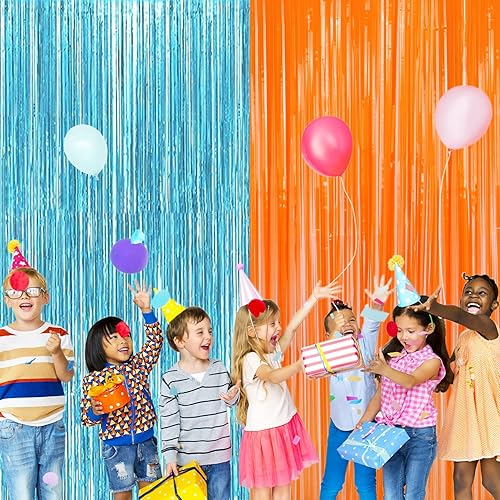 Miniatura 3 de Paquete de 2 cortinas de flecos metálicos de aluminio azul y naranja para decoraciones de fiesta, cortina de fondo azul y naranja para fiesta de