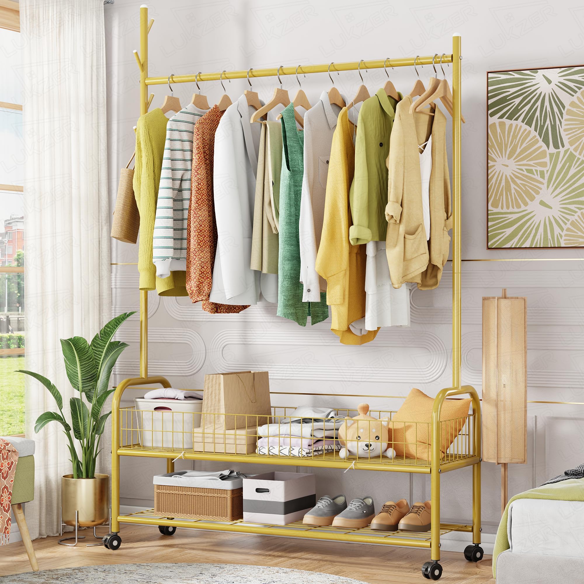 Lukzer|MGR-004| Gold| Portable Metal Garment Rack with Wheels, 2 Bottom Mesh Shelves & Single Rod – Coat Stand & Closet Organizer for Clothes, Bags, Shoes in Bedroom, Office & More | 173 x 110 x 34 cm