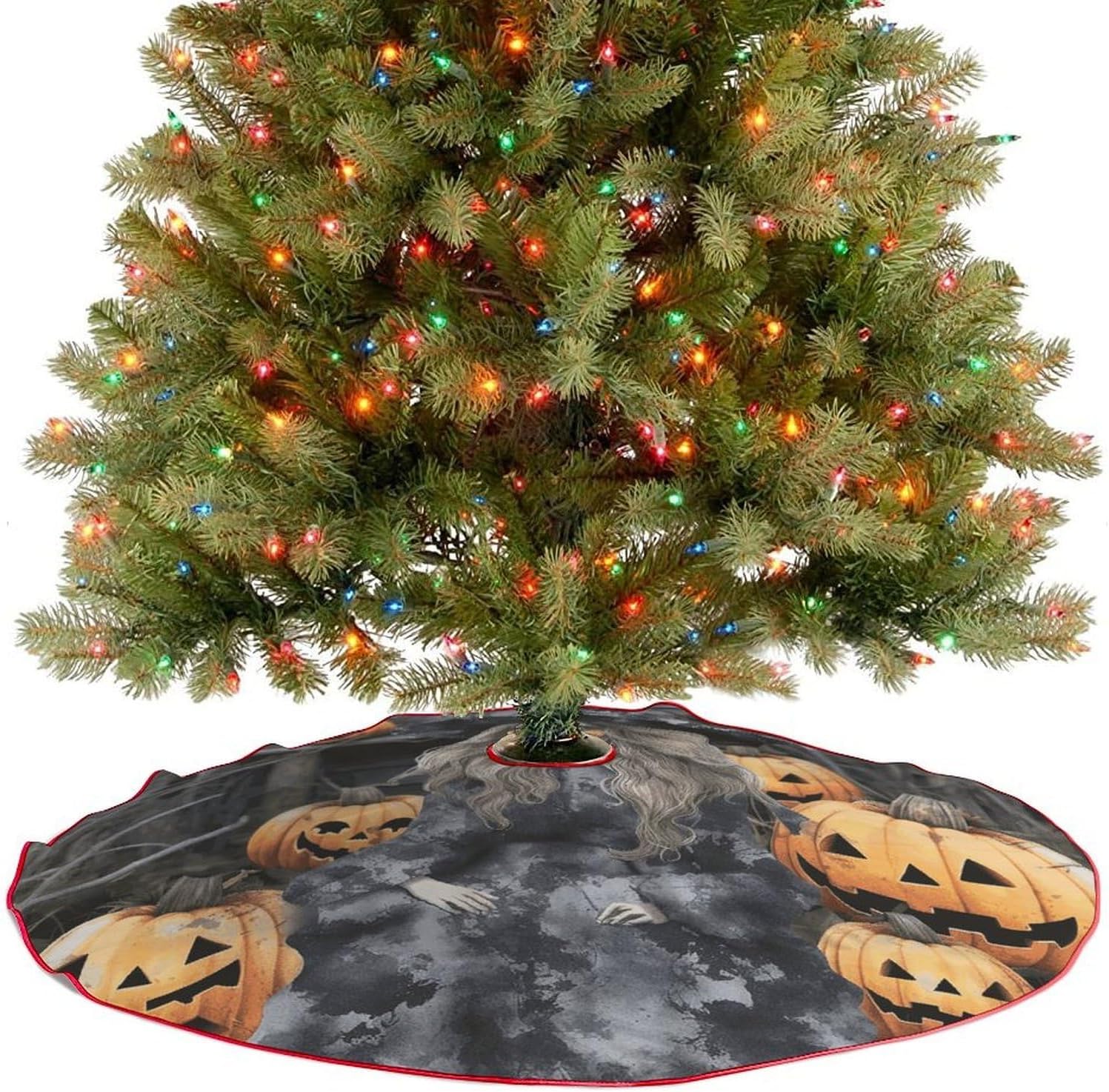 Christmas Tree Skirt,for Xmas Tree Holiday Party Decorations Halloween Witch Printed Christmas Tree Mat Red Lace-up Christmas Tree Dress