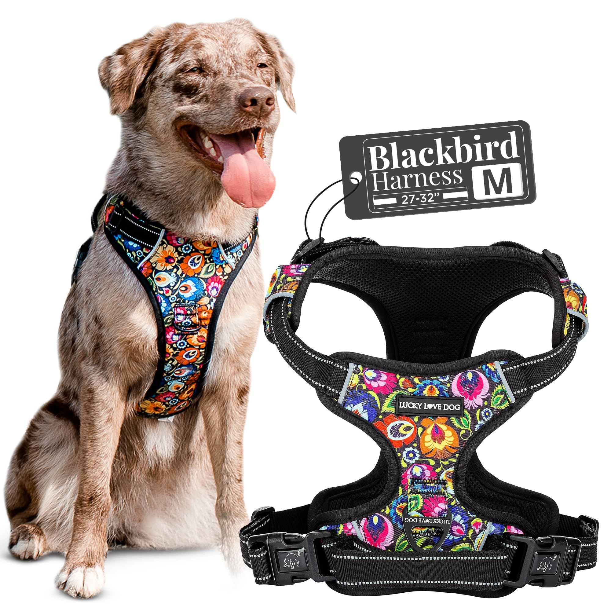 Lucky Love Dog No Pull Dog Harness, Adjustable and Easy to Walk, Cute Patterned Harness for Medium Male & Female Dogs - Blackbird, Medium