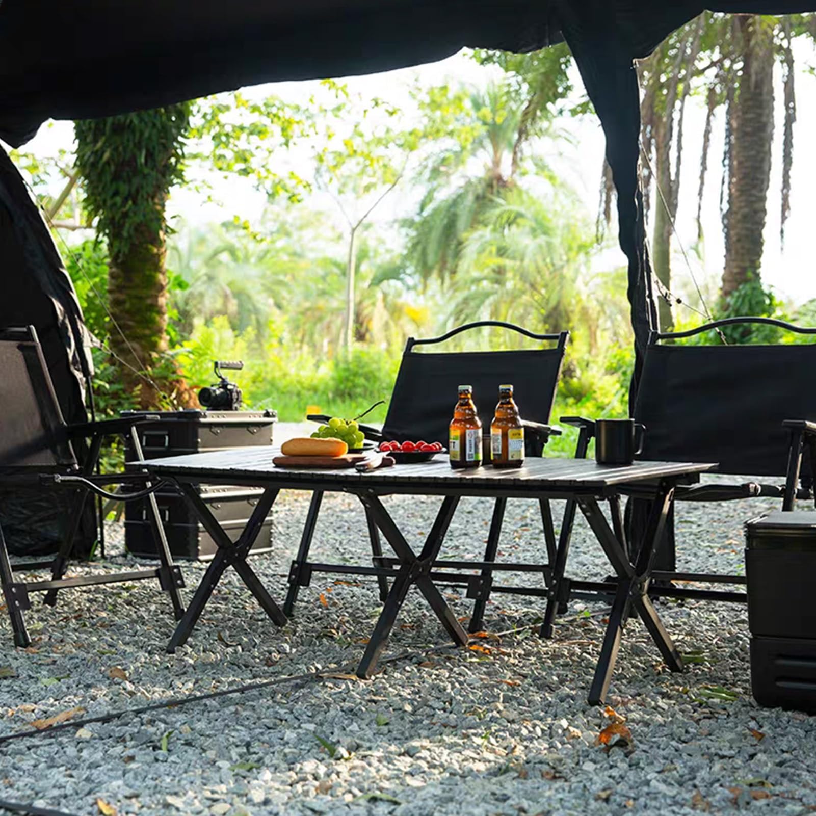 Mesa de Camping Marco de Acero Plegable con Bolsa de Transporte Superior Enrollable Mesas Impermeables de Acero al Carbono ultraligeras Pequeña Mesa utilitaria(Negro,60cm)