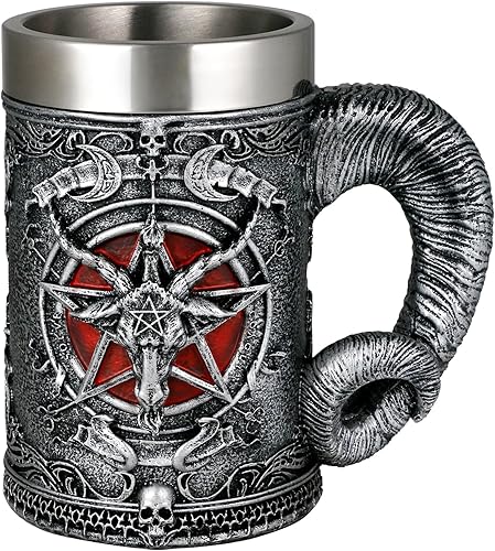 alikiki Taza de cerveza medieval con cabeza de baphomet – Sabbatic Goat Pentagram Drinking Tankard de acero inoxidable de 21 oz taza de café para