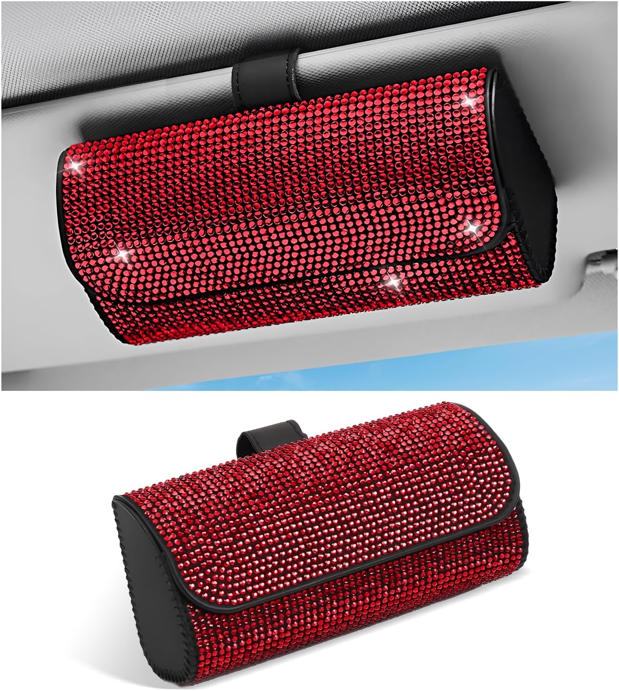 Sunglasses Holder for Car Sun Visor, Bling Leather Eyeglasses Visor Storage Case with Hidden Magnetic Closure, Sparkling Auto Visors Protective Organizer Storage Box (Red)