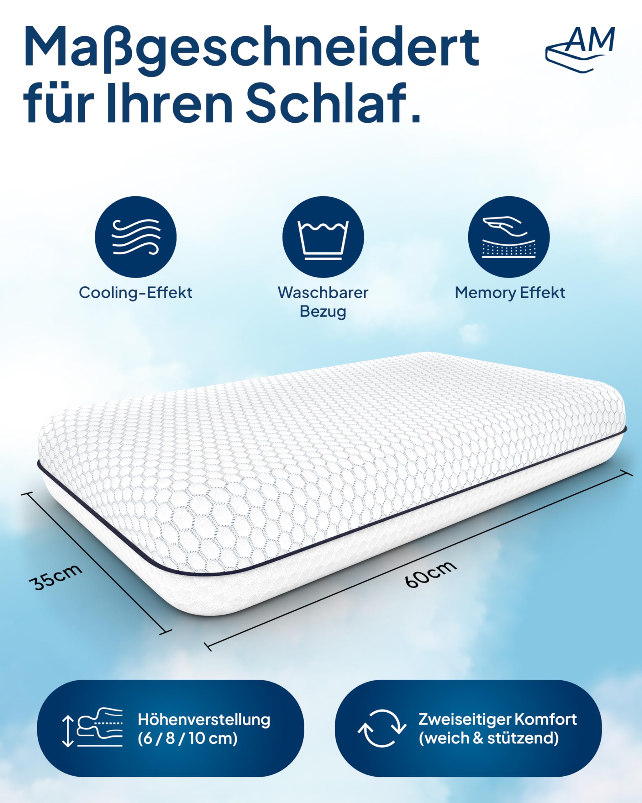 AM Qualitätsmatratzen Premium Nackenstützkissen höhenverstellbar mit Cooling Effekt & Tencel Bezug Made in Germany Oeko-TEX zertifiziert Gelschaum Viscoschaum
