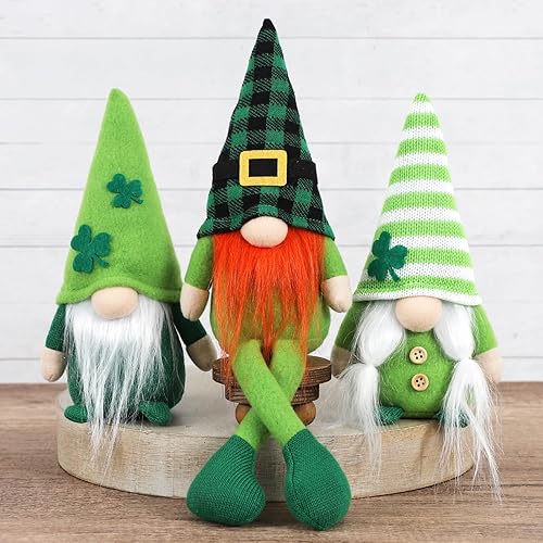 DAZONGE Decoraciones del día de San Patricio, 3 gnomos de trébol de felpa para bandeja escalonada, mantel de mesa, decoración del día de San