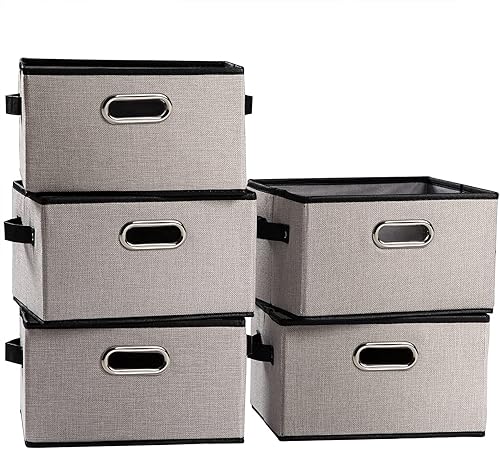 Vista 35 de PRANDOM Contenedores Grandes de Almacenamiento Plegables para Armario [Paquete de 3] Cubos Decorativos de Tela de Lino con Asas de Cuero/Metal
