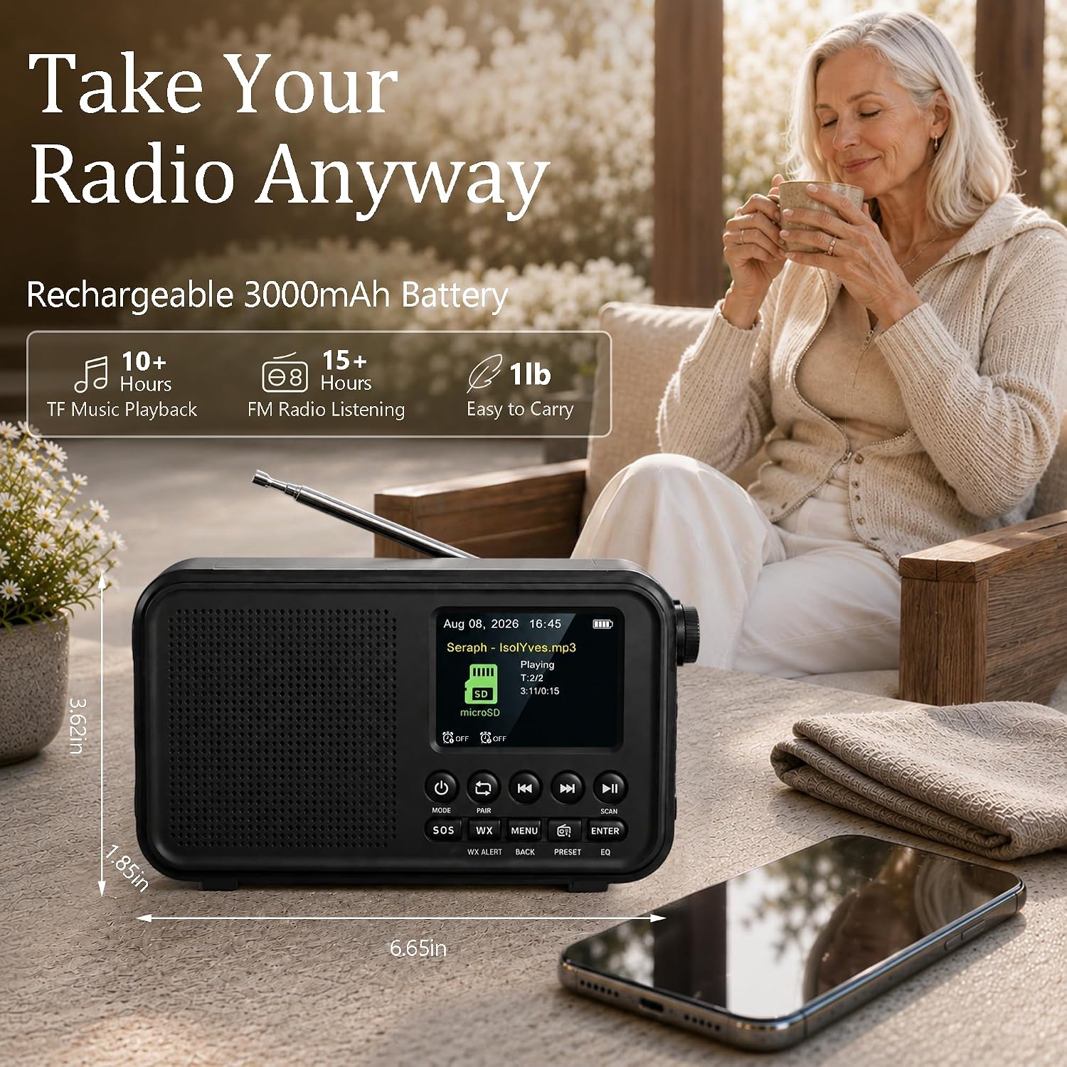 Raynic FM Radio with Bluetooth, NOAA Weather Band, 2.4" Color Screen, Rechargeable Portable Radio, Dual Alarms, microSD Playback, USB-C Charging, Headphone Jack for Home, Bedroom, Office & Travel