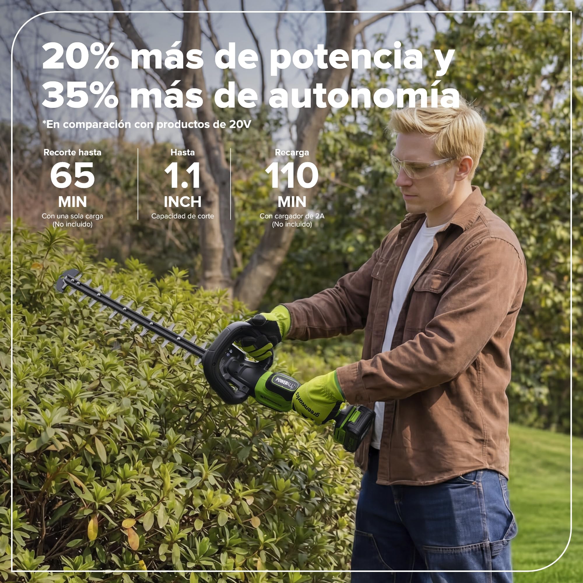 Greenworks Cortasetos a batería 24V 51 cm, Motor sin escobillas, Cuchilla Doble acción 28 mm, Hedge Sweeper Integrado, empuñadura ergonómica Envolvente, Solo Herramienta HT2002DA1