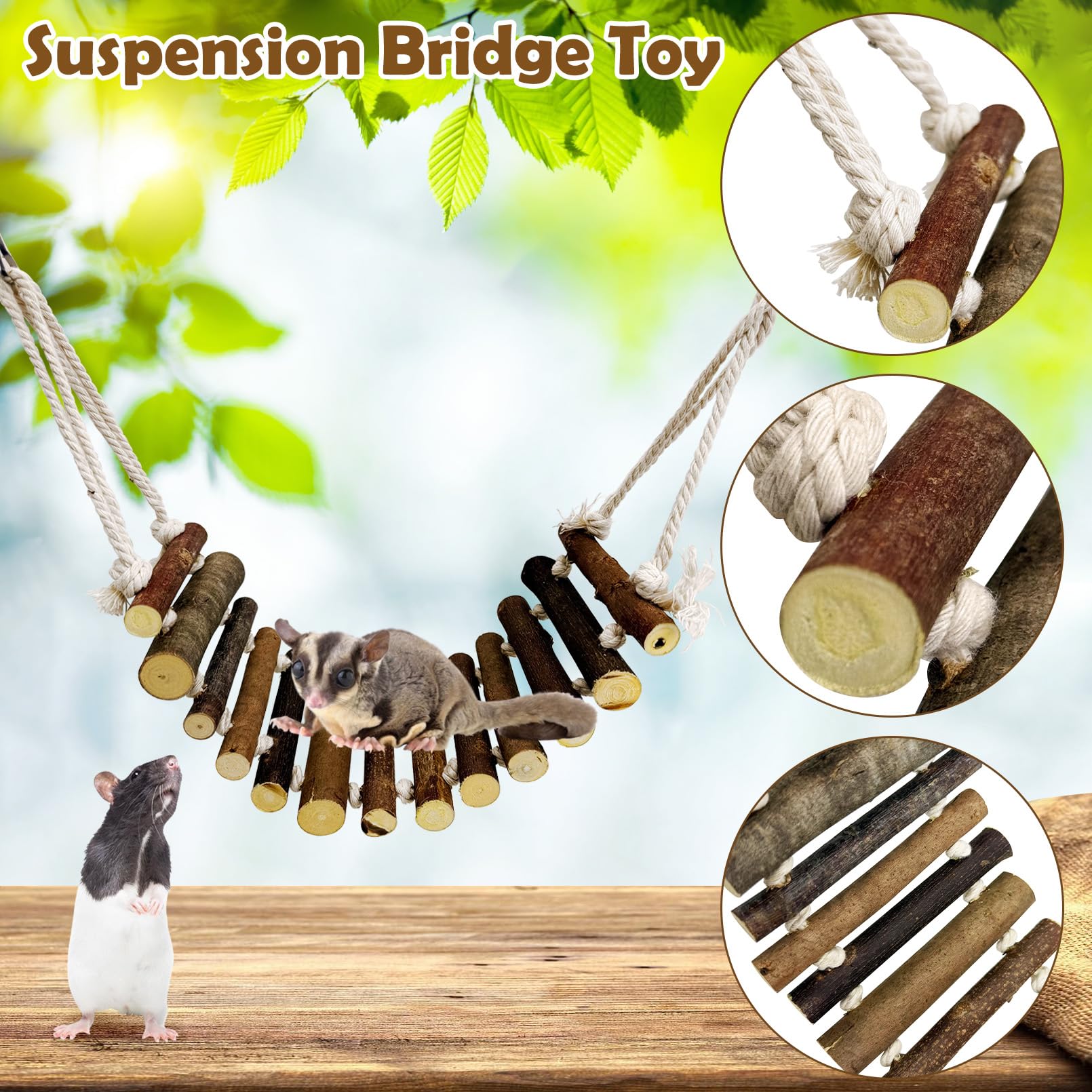 BNOSDM Sugar Glider Kletterspielzeug 2 Stück Natur Holz Seil Leiter Hängende Zuckergleiter Brücke Käfig Zubehör für Mäuse Ratten Hamster Rennmäuse Chinchilla