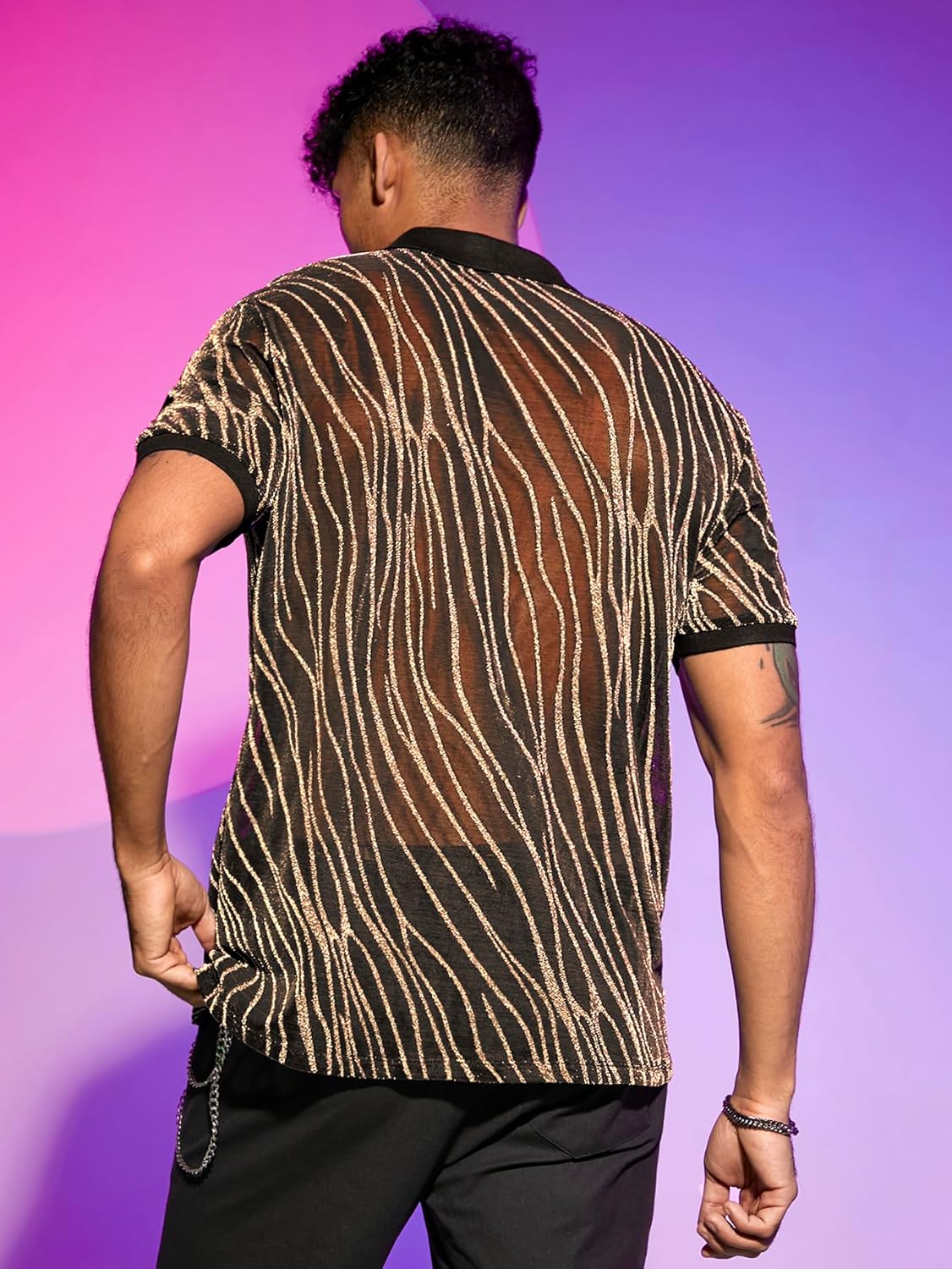 WDIRARA Men's Marble Print Glitter Mesh Sheer Collared Short Sleeve Tee Top Striped Party T Shirt - Image 2