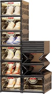 Foldable Shoe Rack Organizer Stackable Shoe Storage Box for Entryway, Closet & Bedroom Large Capacity Sneaker Containers Bins with Lids 6 Pack Black