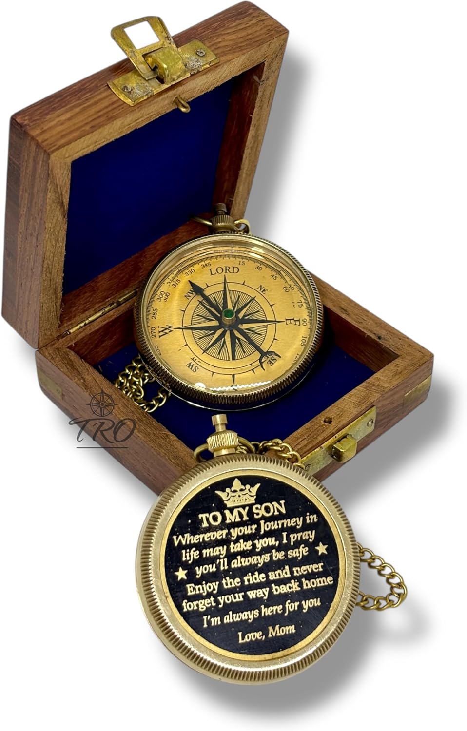 to My Son Engraved Brass Compass with Wooden Box – Vintage Nautical Pocket Compass Gift from Mom, Inspirational Travel Keepsake