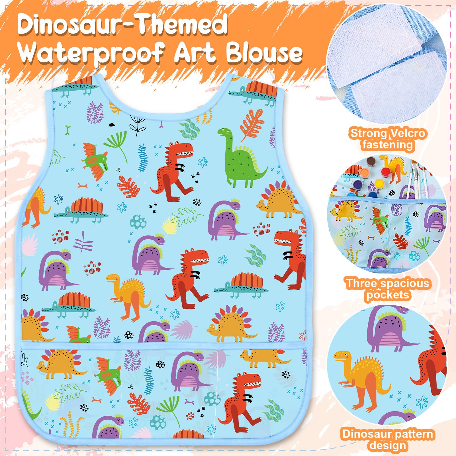 Partideal 2 Pcs Art Smocks for Kids Waterproof Artist Painting Aprons Toddler Sleeveless Children Painting Smock Kids Apron with 3 Pockets for Age 3-8 Years,Blue Dinosaurs - Image 3