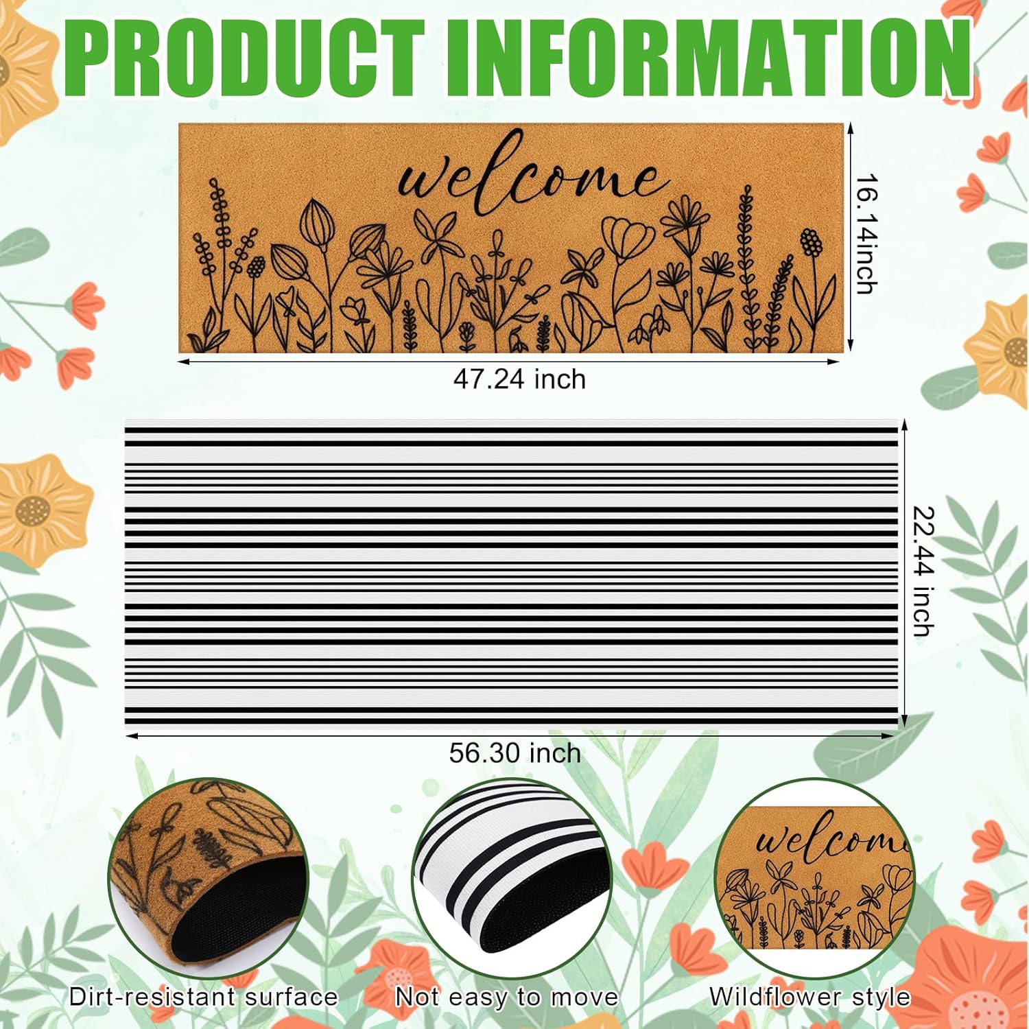 Tinideya 2 Pcs Spring Door Mat 17"x47" Wildflowers Welcome Non Slip Coir Mats Black White Plaid Large Floor Layering Flowers Doormats for Front Porch Entryway Decor