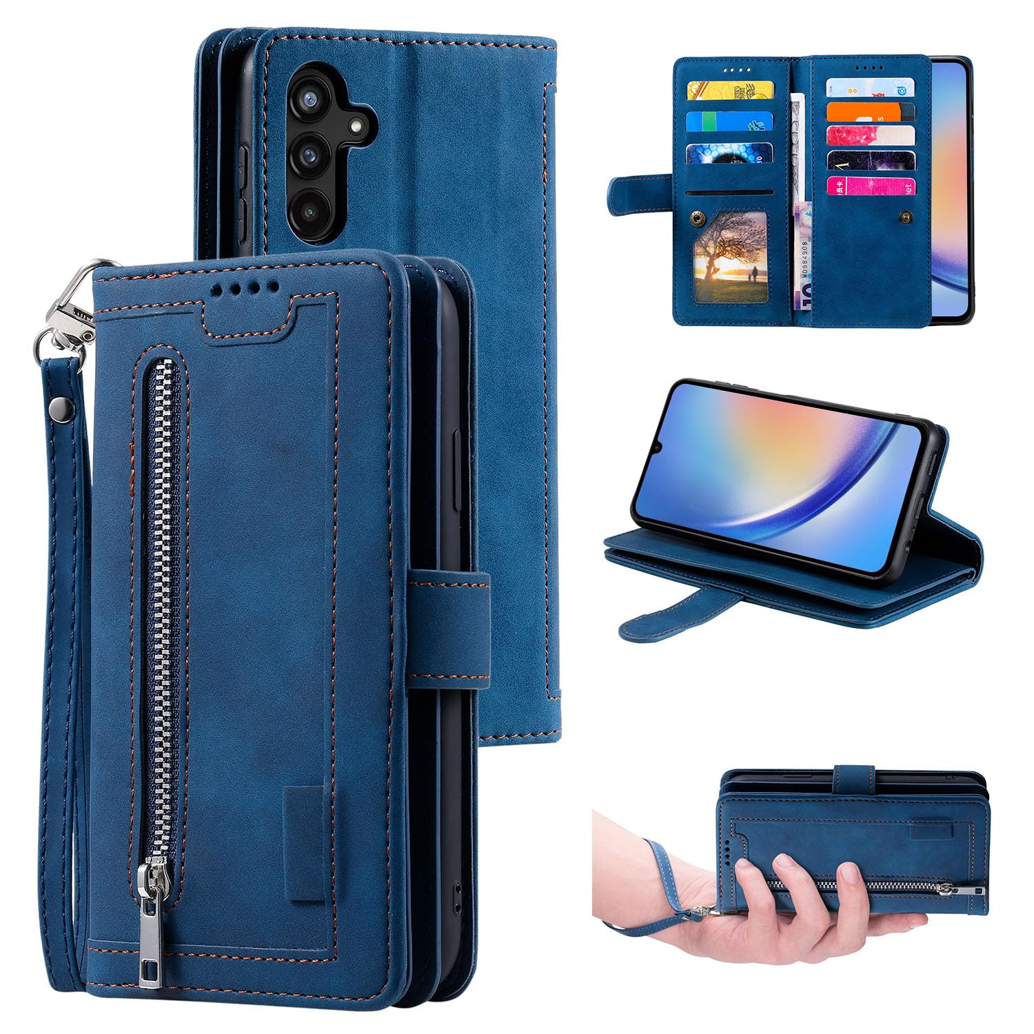 UEEBAI Custodia a portafoglio per Samsung Galaxy A34 5G, stile retrò, con 9 scomparti per carte di credito, tasca con cerniera, in pelle PU, chiusura magnetica, cavalletto con cinturino da polso,