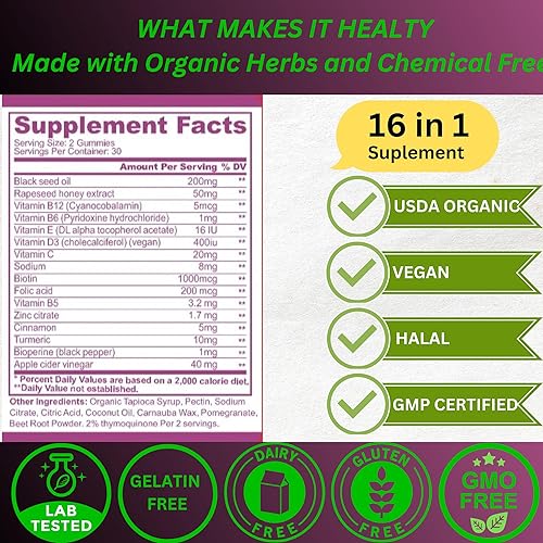 Miniatura 4 de Aceite de semilla negra y miel con gomitas de cúrcuma con BioPerine, vinagre de sidra de manzana, biotina, zinc y vitaminas C D3 B12 - Soporte