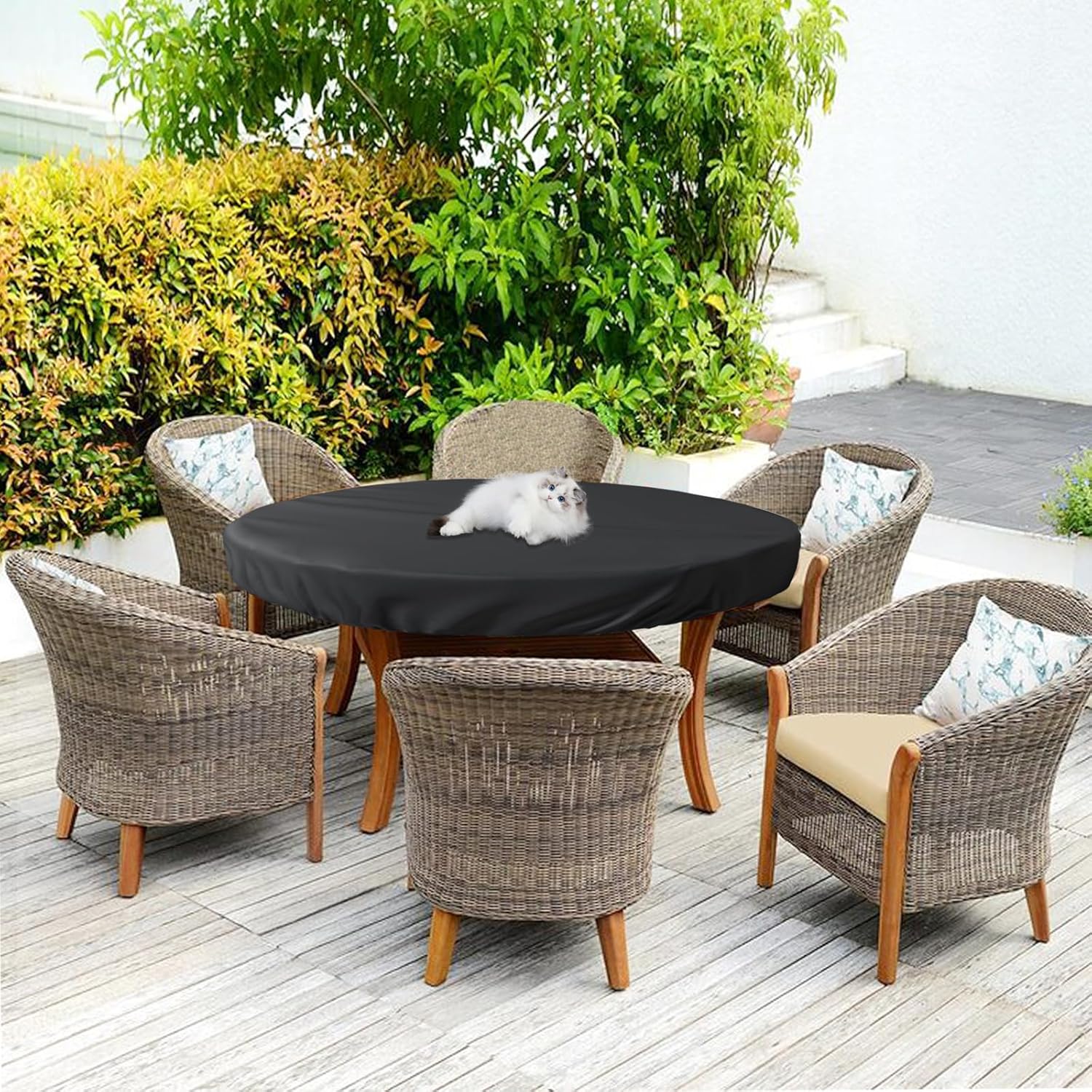 Outdoor Round Table Cover Waterproof UV-Resistant for 54 Inch Diameter Patio Tables - Heavy Duty Weatherproof Table Top Protector with Elastic Hem (Black)