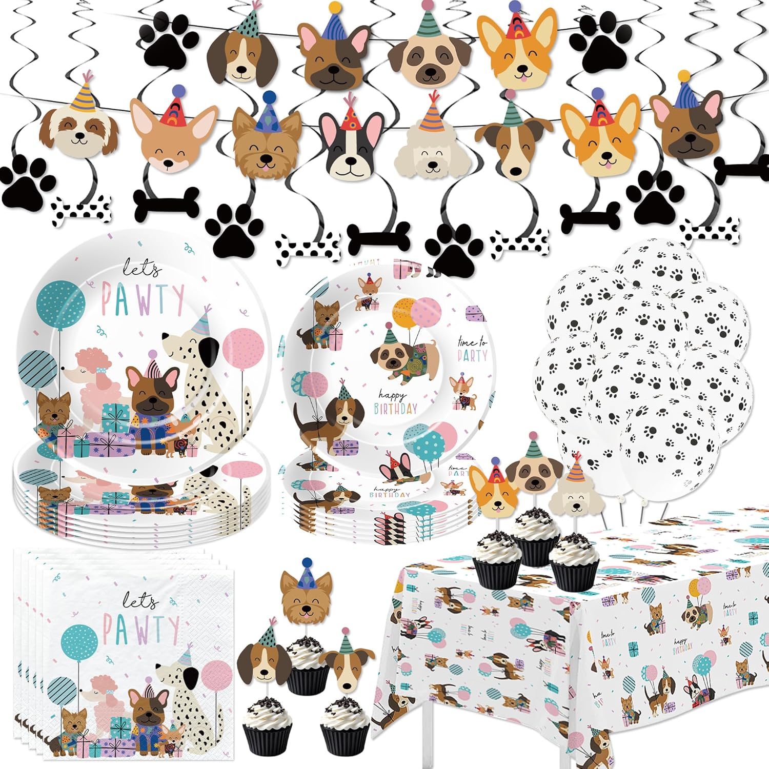 Dog Birthday Decorations, Puppy Dog Party Decorations, Paper Plate, Napkin, Garland Banner, Swirls, Paw Balloon, Tablecloth, Cupcake Topper, Dog Birthday Party Supplies, Serves 24