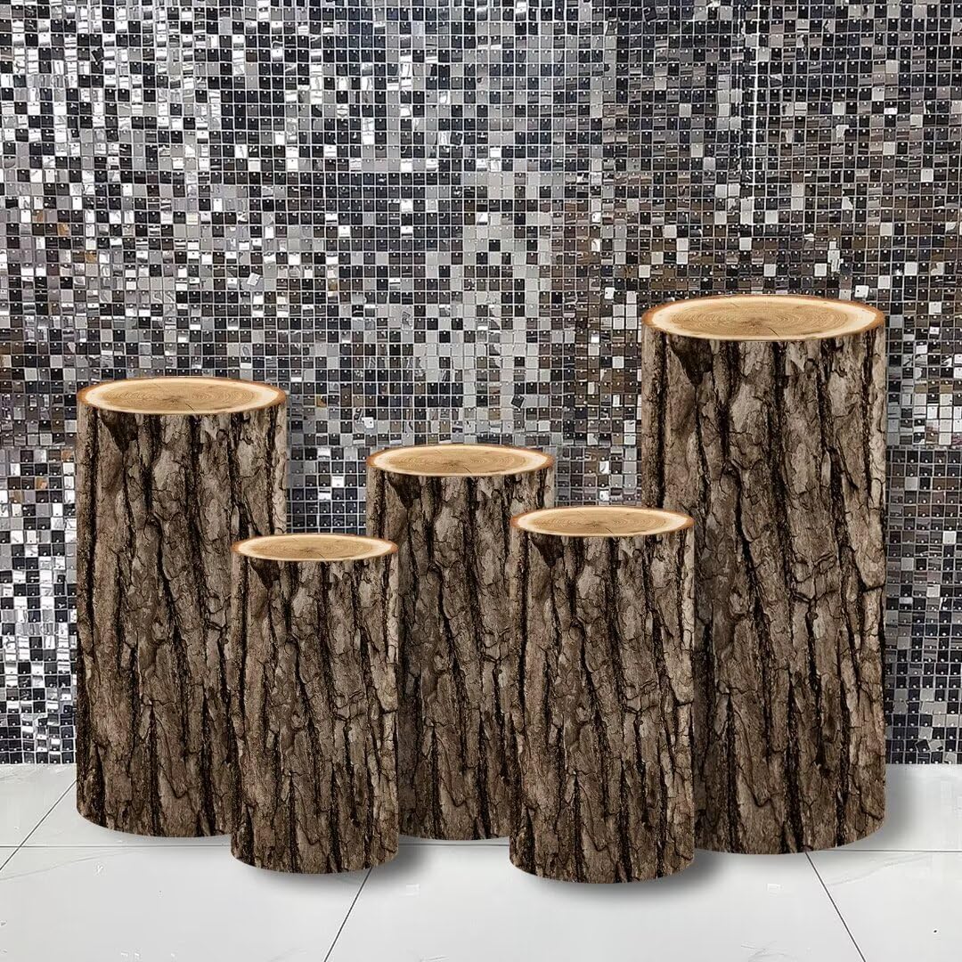 5 Pcs Party Cylinder Stand Covers Spandex Pedestal Cover Tree Bark Wood Grainy Texture Cylinder Covers for Metal Cylinder Pedestal Stands Wedding, Pedestal Stand Not Included (NO-228)