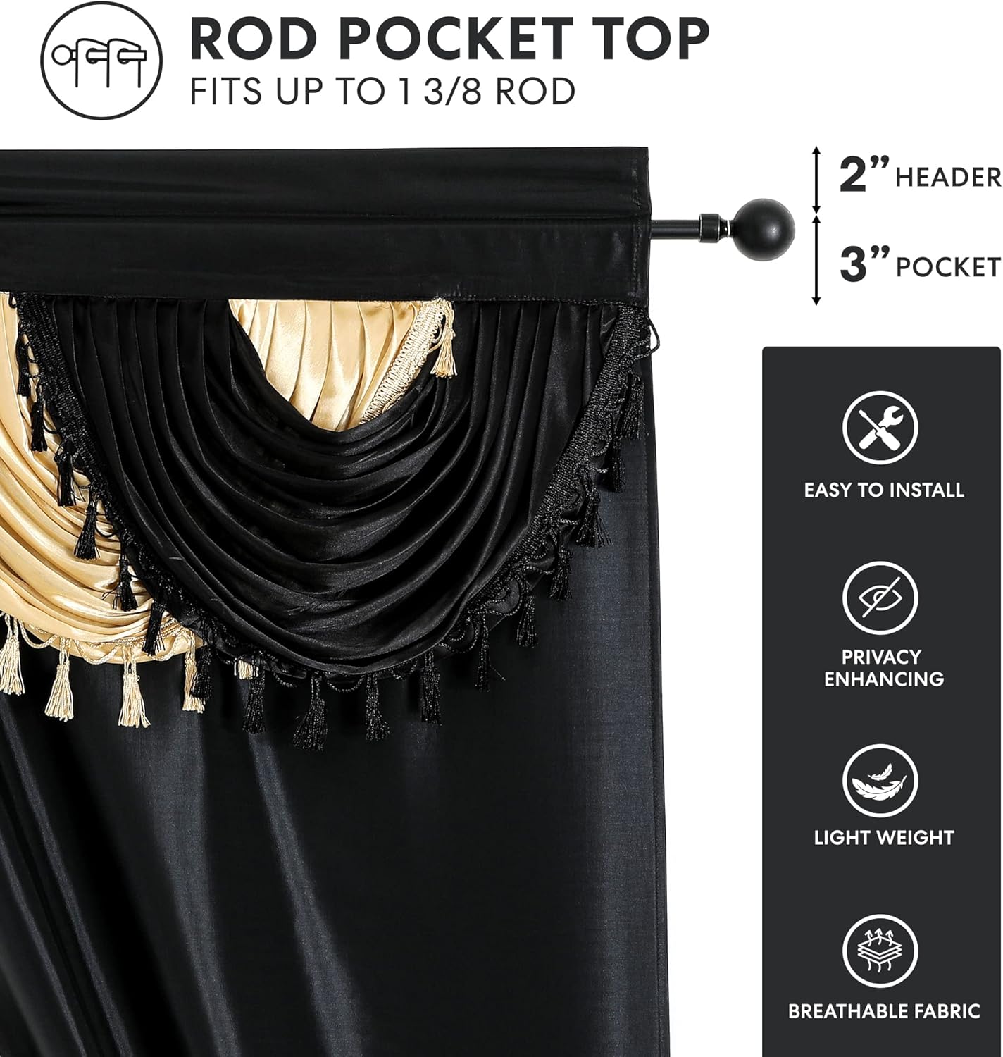 Regal Home Collections Amore 5-Piece Window Curtain Set - 54-Inch W x 84-Inch L Panels with Attached Valance and 2 Tiebacks - Bedroom and Living Room Gothic Curtains (Black/Gold)