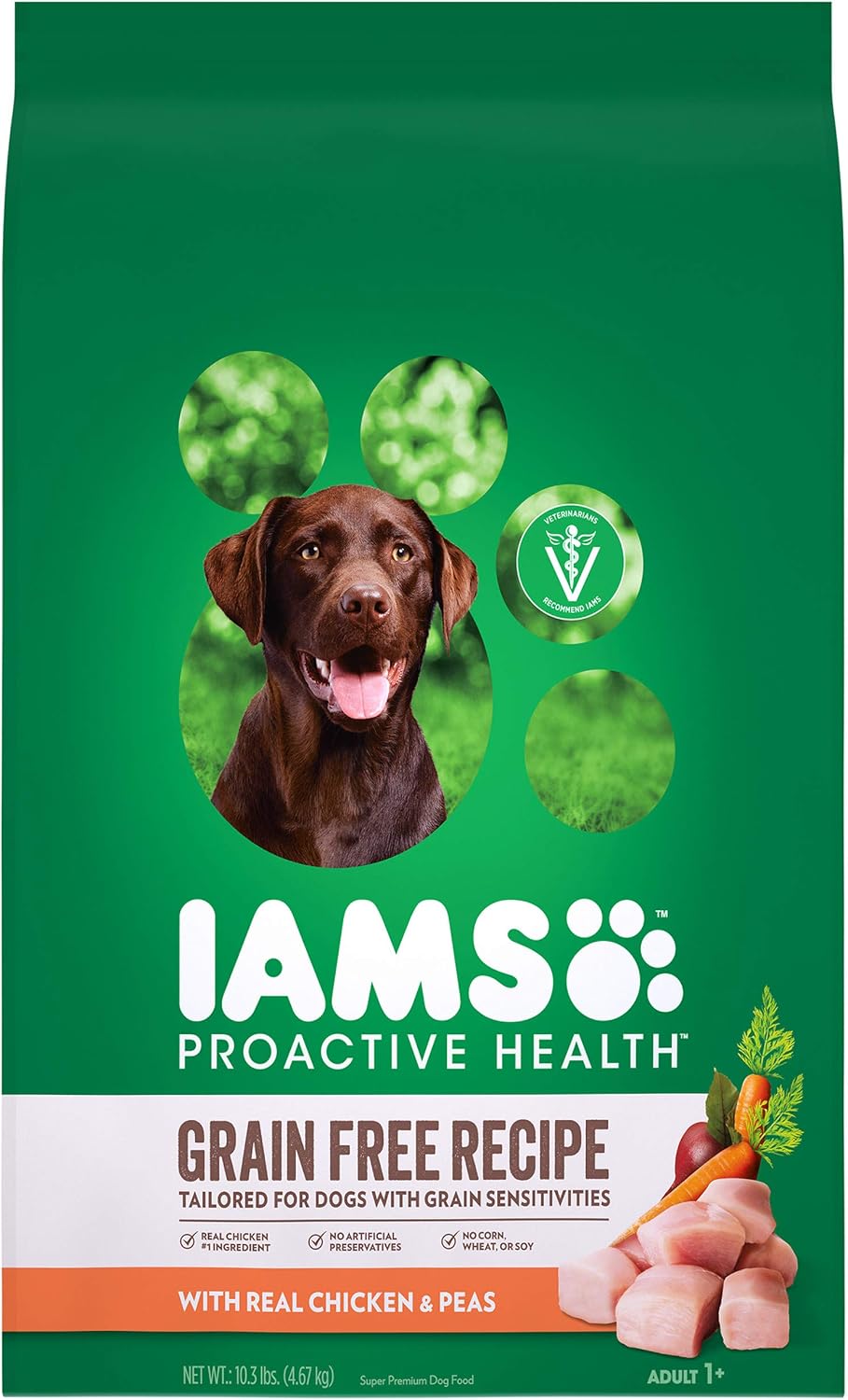 DISCONTINUED BY MANUFACTURER: IAMS ProActive Health Sensitive Skin & Stomach Grain Free Dog Food – with Real Chicken and Peas, 10.3 Pound Bag