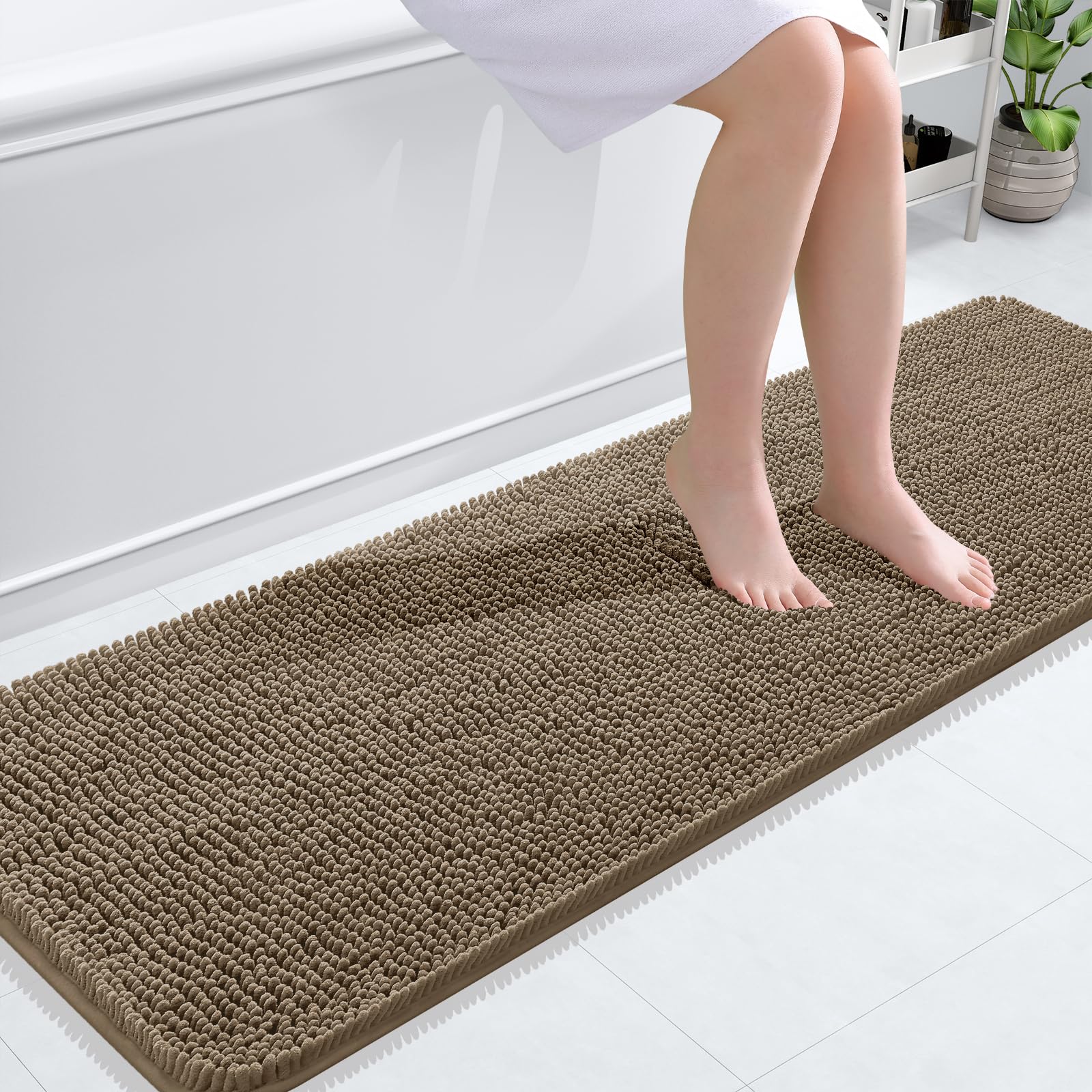OLANLY Bathroom Runner Rugs 59x20, Extra Soft Absorbent Chenille Bath Rugs | Tan, Quick-Drying Rubber Backing, Machine Washable Long Bath Mat for Bathroom Floor, Tub and Shower, Home Decor Accessories