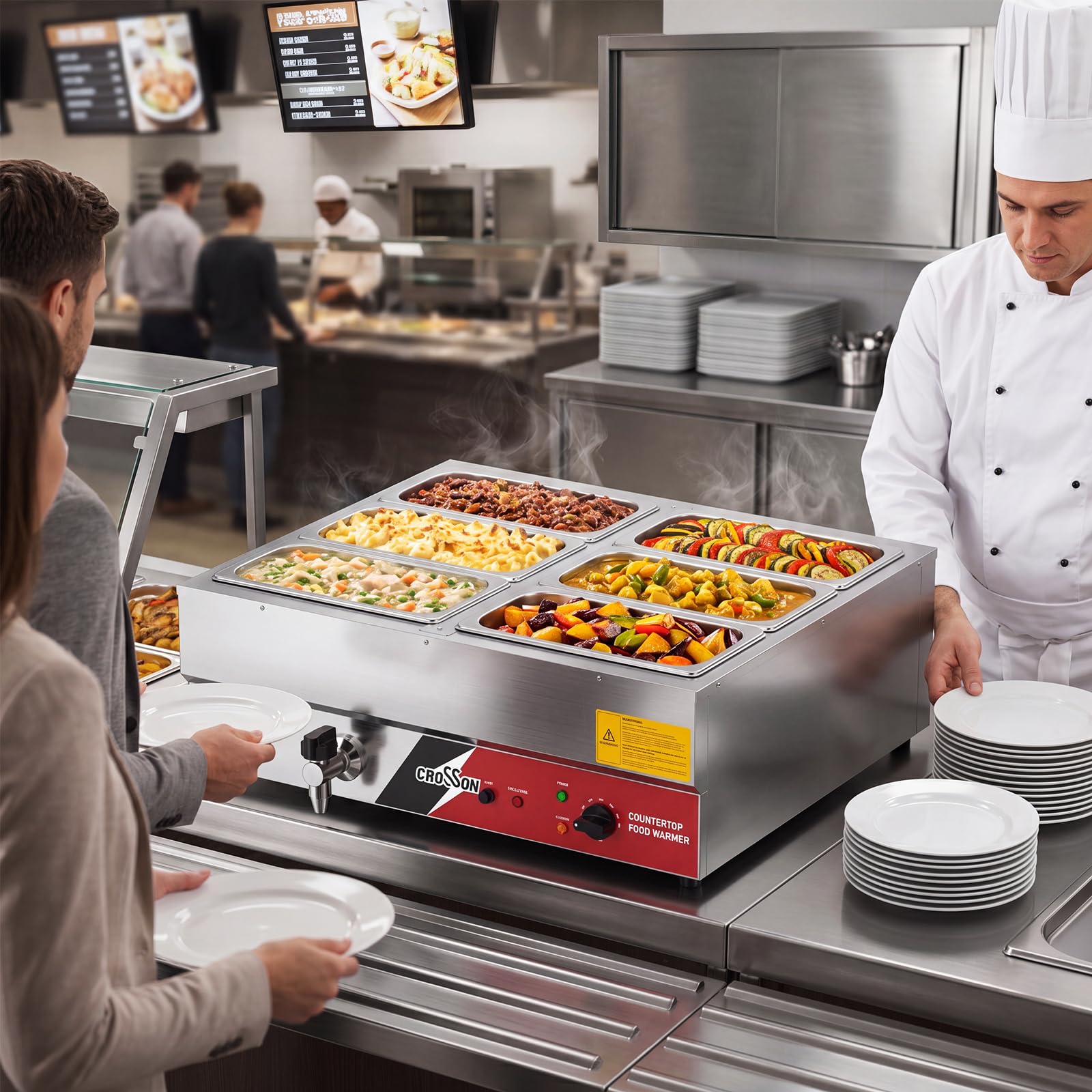 CROSSON Scaldavivande Elettrico bagnomaria Professionale con 6 Vaschette GN 1/3 in Acciaio Inox, Rubinetto di Scarico, Temperatura Regolabile, 1700W/230V, per Buffet, Ristoranti e Catering