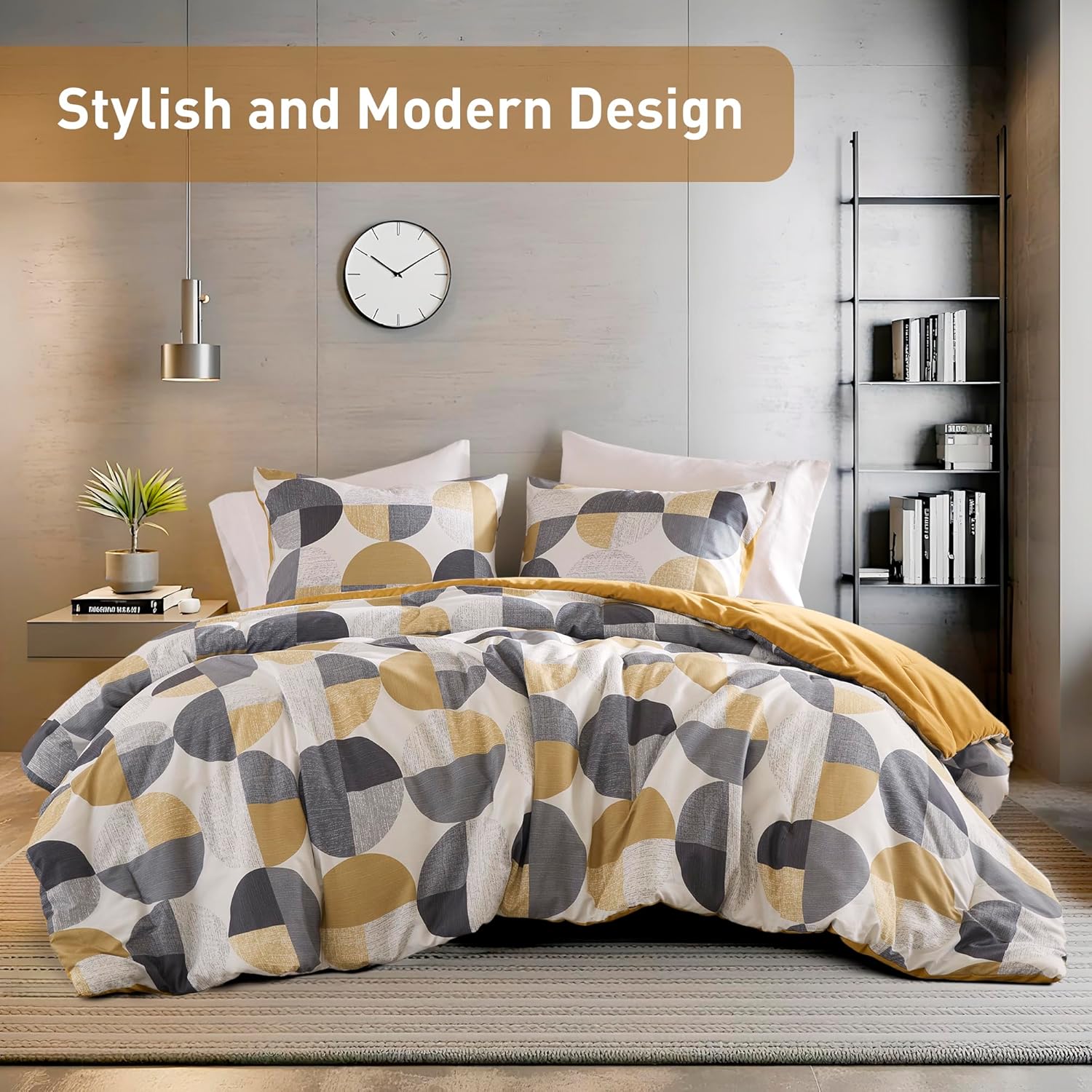 Stylish Three-Tone Printed Queen Size Comforter Set, 3 Pieces Ultra-Soft Microfiber Bedding Set, Warm and Cozy Comforter for All Seasons, Mustard Yellow & Grey