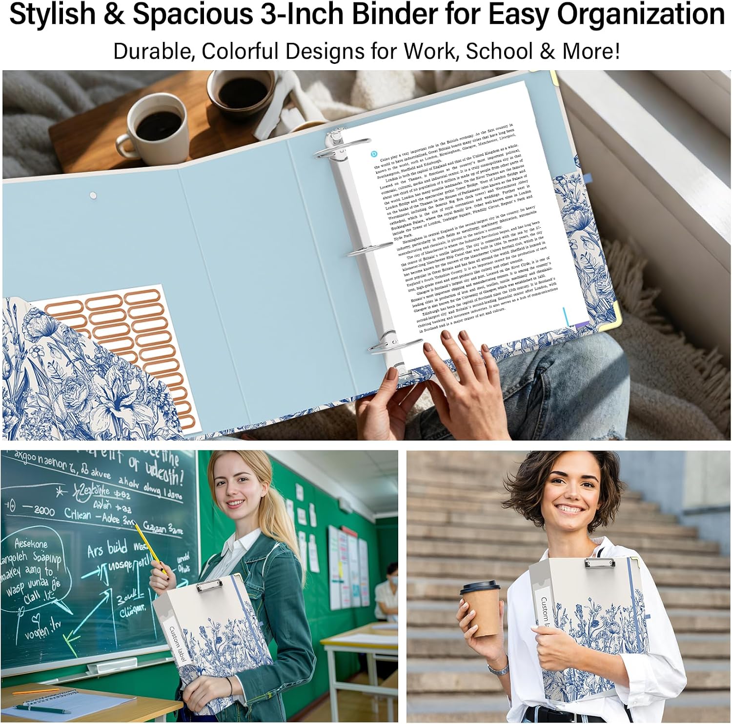 3 Ring Binder 3 Inch, Cute Round Ring Binder with 6 Tab Dividers & Label Stickers, Low Profile Clipboard with Storage, Fashion Binder for School Office Supplies (Vintage Blue Florals)