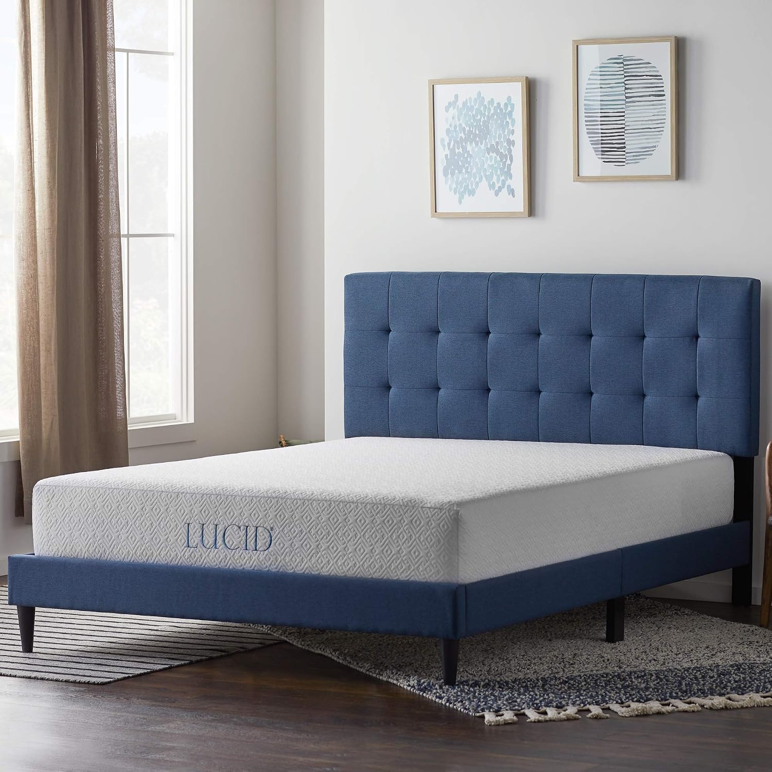 LUCID Upholstered Bed with Square Tufted Headboard -Linen Inspired Fabric –Sturdy Wood Build –No Box Spring Required Platform, Twin, Cobalt